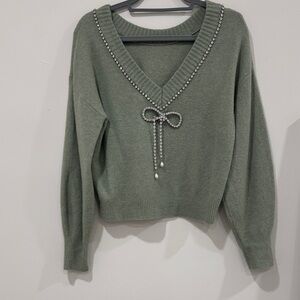 Express Sage Green V-Neck Sweater with Pearl Bow